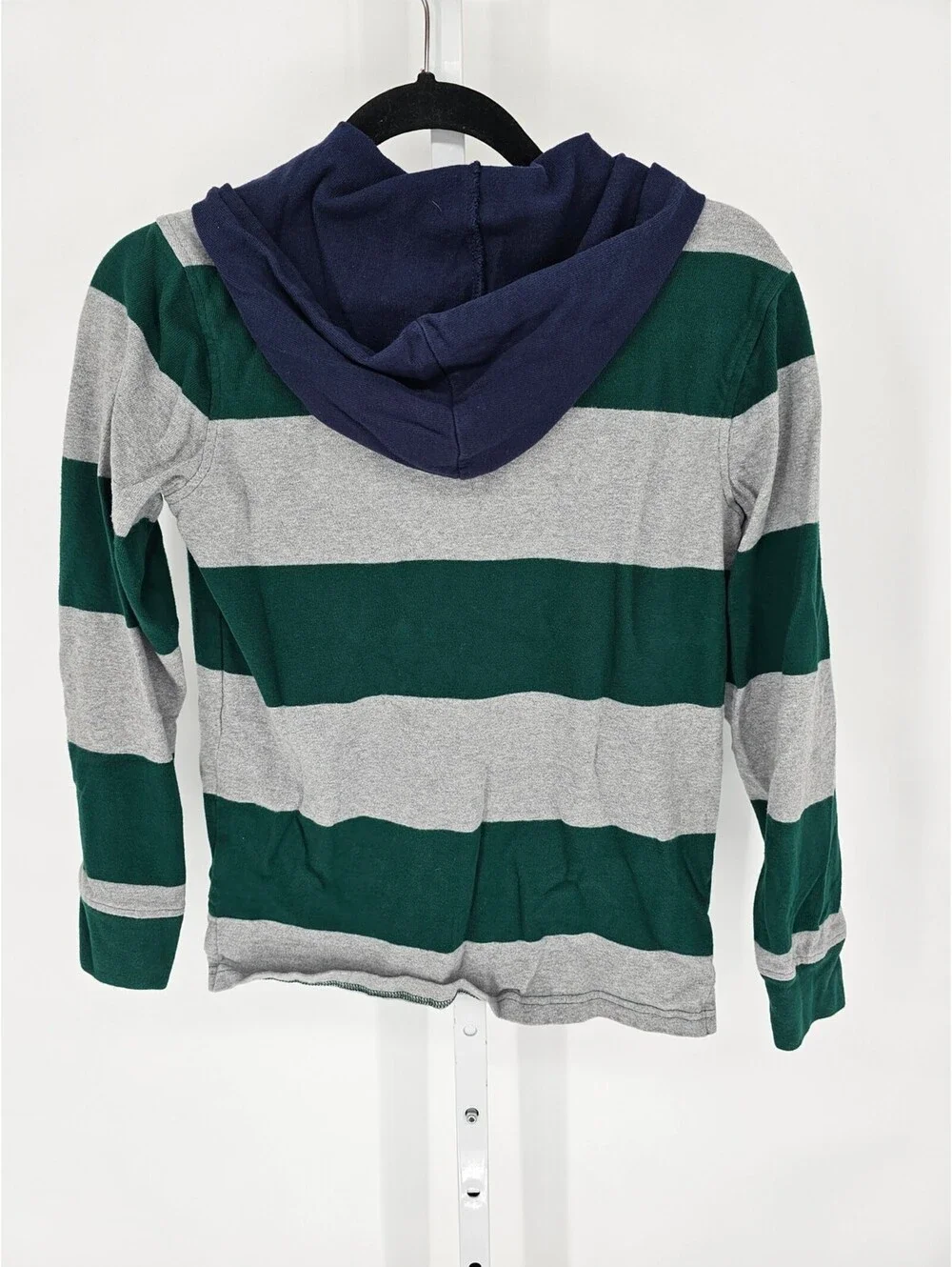 Old Navy Boys Sz XL Long Sleeve Hooded T Shirt Green Gray Striped